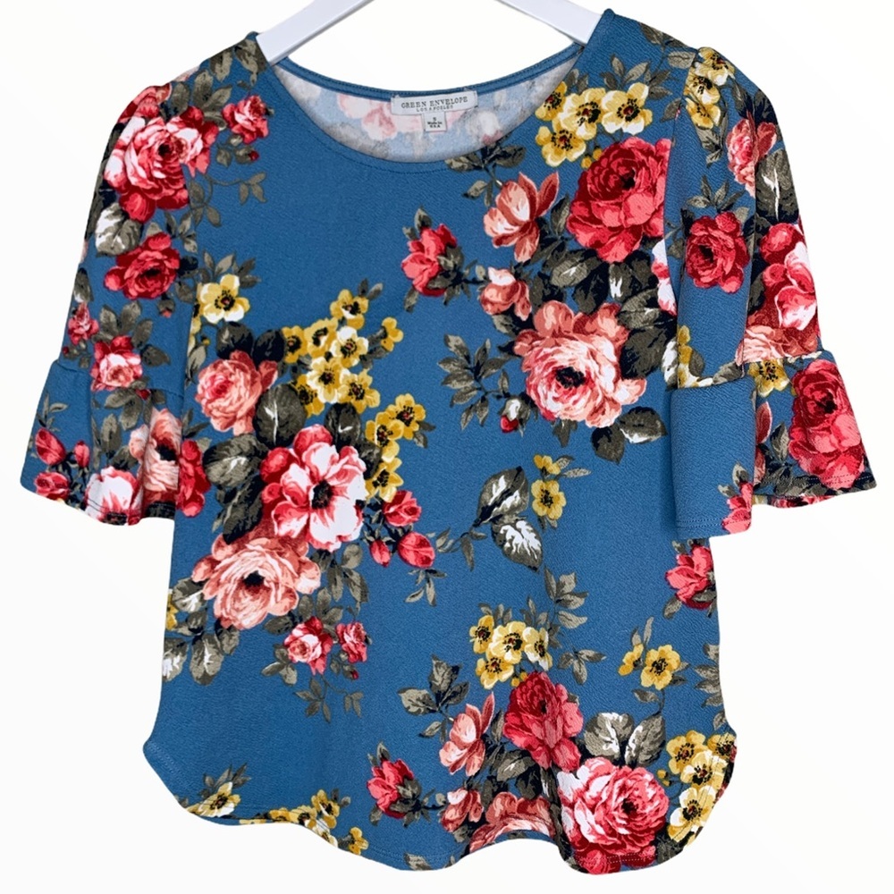 Coquette Fairycore Blue Floral Cropped Flutter Sleeve Blouse Green Envelope S
